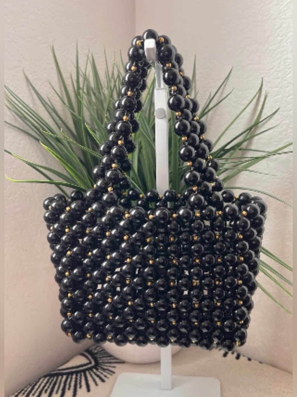 Lovers + Friends Black Beaded Mini Bag with Gold Accents